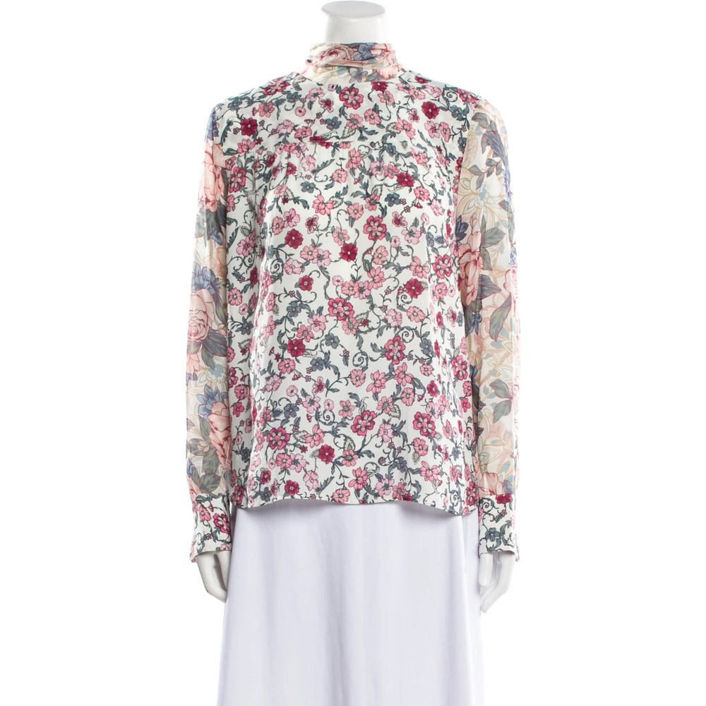 See by Chloe Floral Silk Blend Tie Neck Blouse Pink White S7AHT24 Size 38